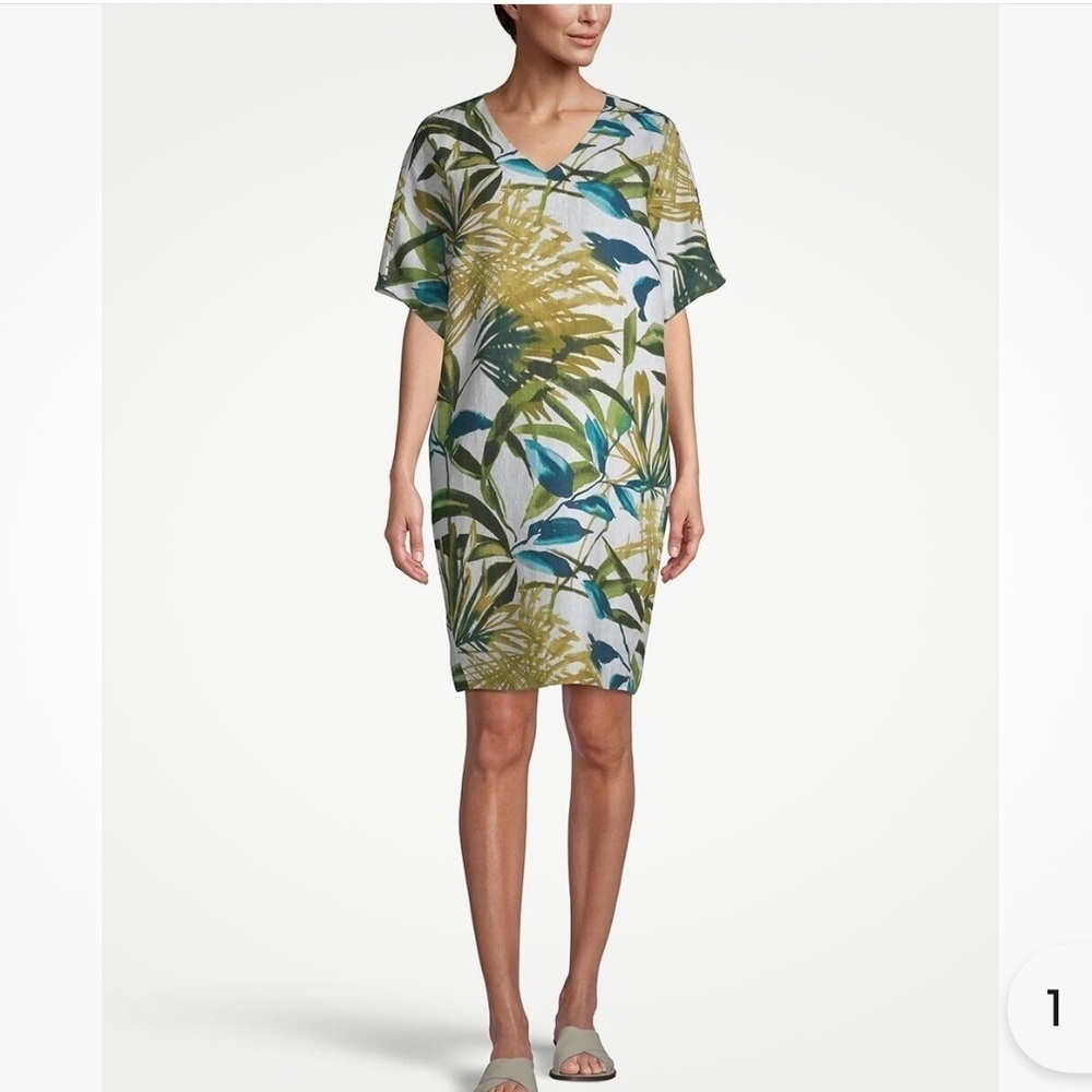 Chico's 0 Linen Palm-Print Tunic Wedge Dress Dolman Sleeves Knee Length